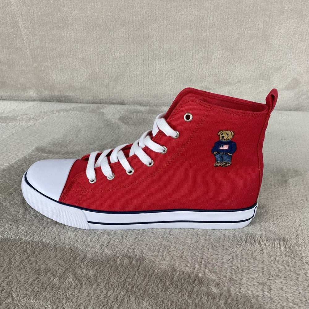 Polo Ralph Lauren Hamptyn Hi II Bear Sneakers Men 6.5 Women 8 Red Canvas NEW